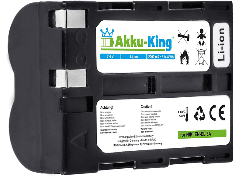 AKKU-KING Akku kompatibel mit Nikon EN-EL3a Li-Ion Kamera-Akku, 7.4 Volt, 2000mAh