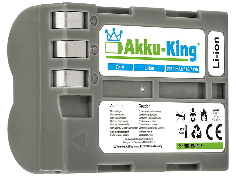 AKKU-KING Akku kompatibel mit Nikon EN-EL3e Li-Ion Kamera-Akku, 7.4 Volt, 2250mAh