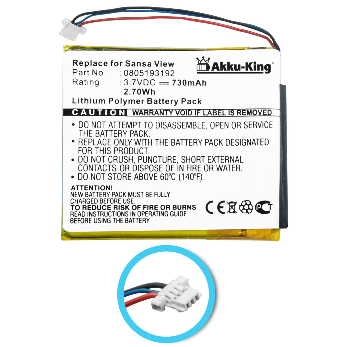 3.7 Volt, AKKU-KING 805193192 730mAh Sandisk mit Akku Geräte-Akku, kompatibel Li-Polymer