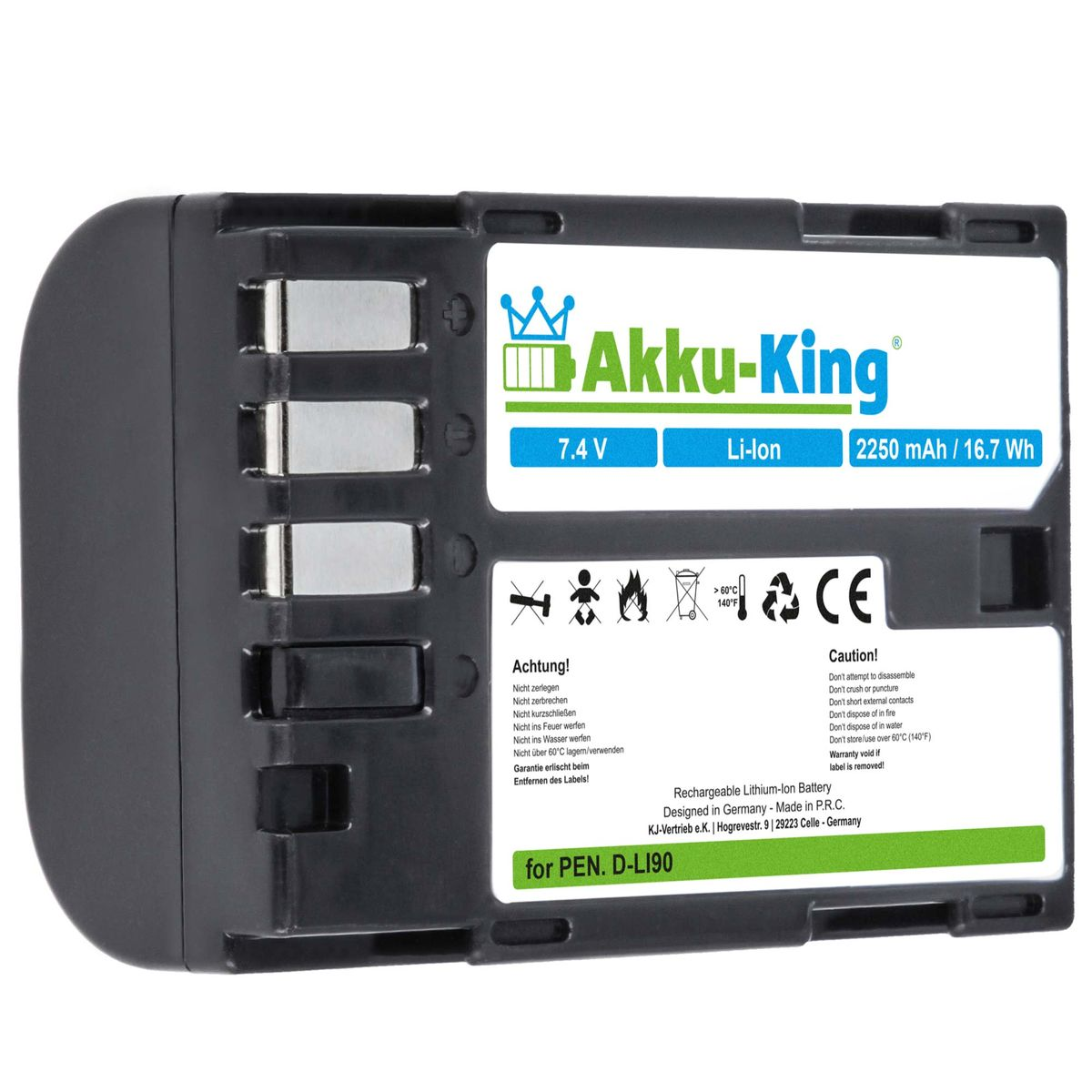AKKU-KING Akku kompatibel mit D-Li90 Volt, Li-Ion 2250mAh Pentax Kamera-Akku, 7.4