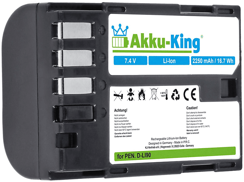 AKKU-KING Akku kompatibel mit Pentax D-Li90 Li-Ion Kamera-Akku, 7.4 Volt, 2250mAh