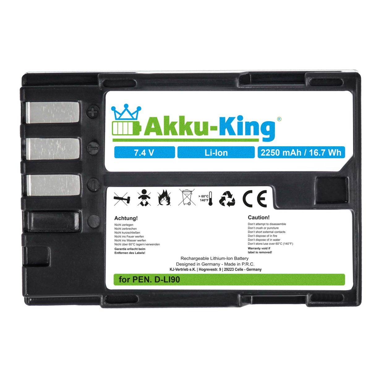 Li-Ion Volt, AKKU-KING 7.4 Pentax mit D-Li90 2250mAh kompatibel Kamera-Akku, Akku