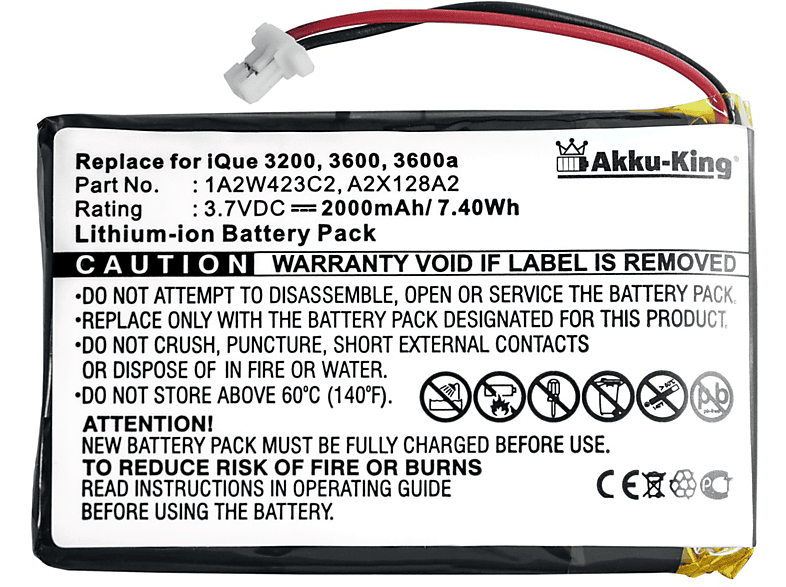 Akku Geräte-Akku, Li-Ion Volt, AKKU-KING mit 2000mAh 3.7 kompatibel Garmin 1A2W423C2