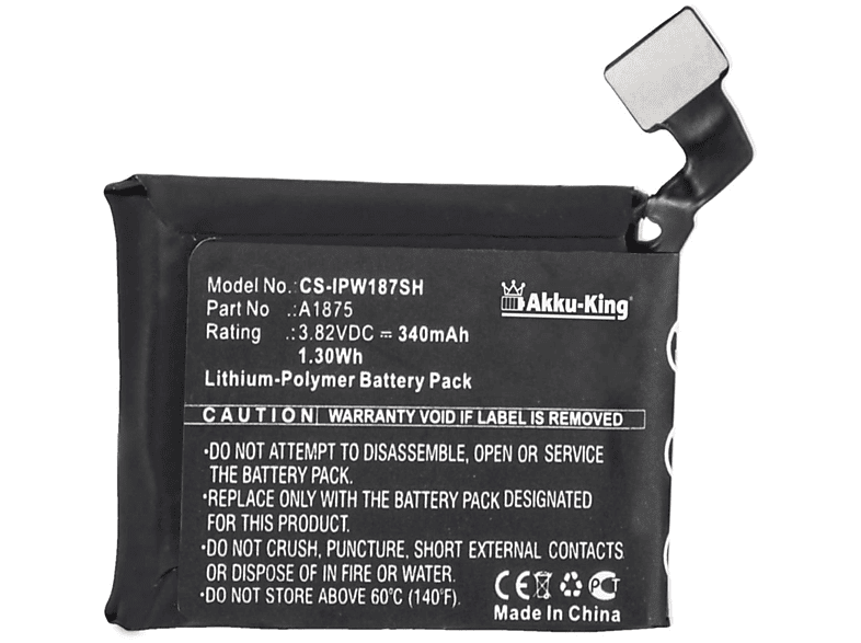 A1875 340mAh Smartwatch-Akku, mit Volt, AKKU-KING Akku kompatibel Apple Li-Polymer 3.82