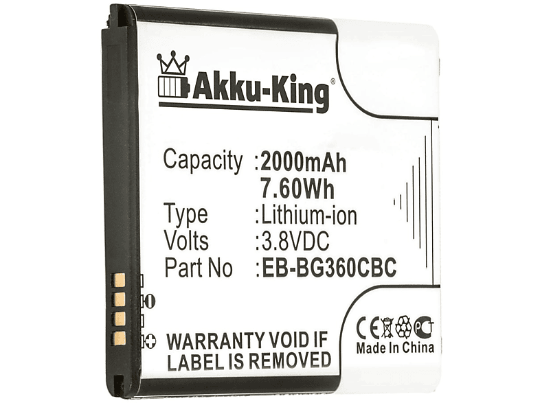 AKKU-KING Akku Samsung Li-Ion mit 3.8 2000mAh Volt, EB-BG360BBE Handy-Akku, kompatibel