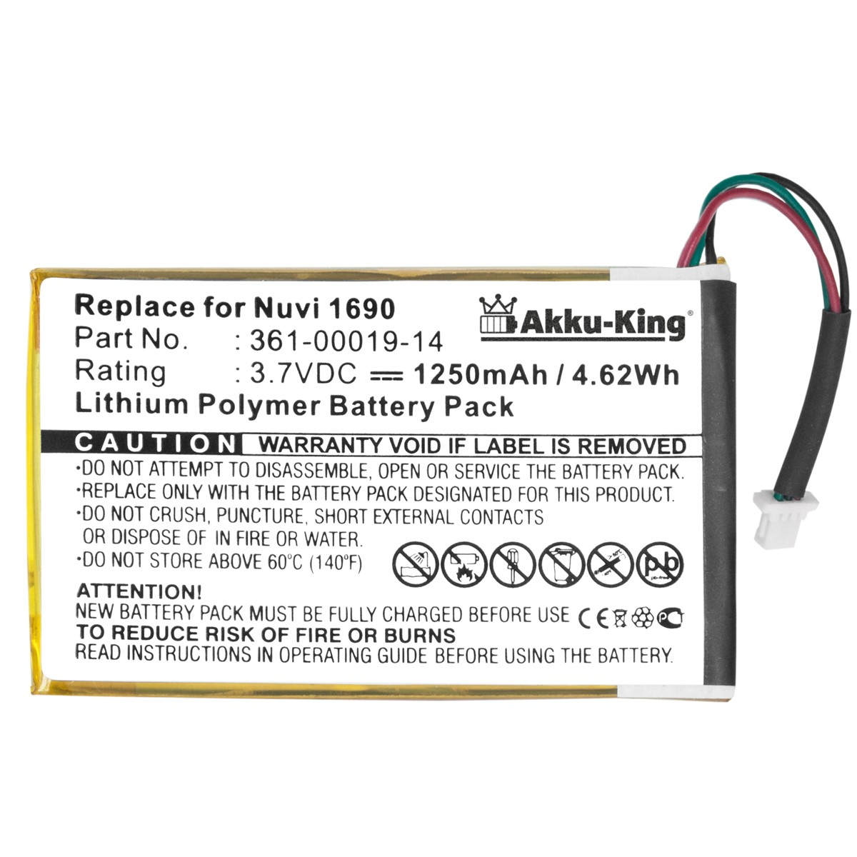 AKKU-KING Akku kompatibel mit Garmin Li-Polymer Geräte-Akku, Volt, 1250mAh 361-00019-14 3.7