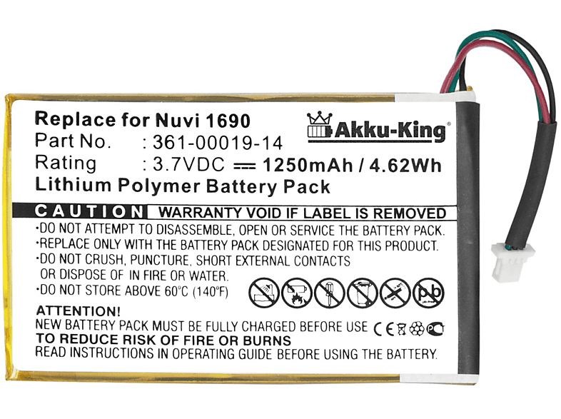 AKKU-KING Akku kompatibel 1250mAh mit Garmin Li-Polymer 3.7 Volt, 361-00019-14 Geräte-Akku