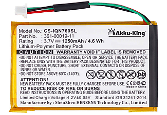AKKU-KING Akku kompatibel mit Garmin 361-00019-11 Li-Polymer Geräte-Akku, 3.7 Volt, 1250mAh