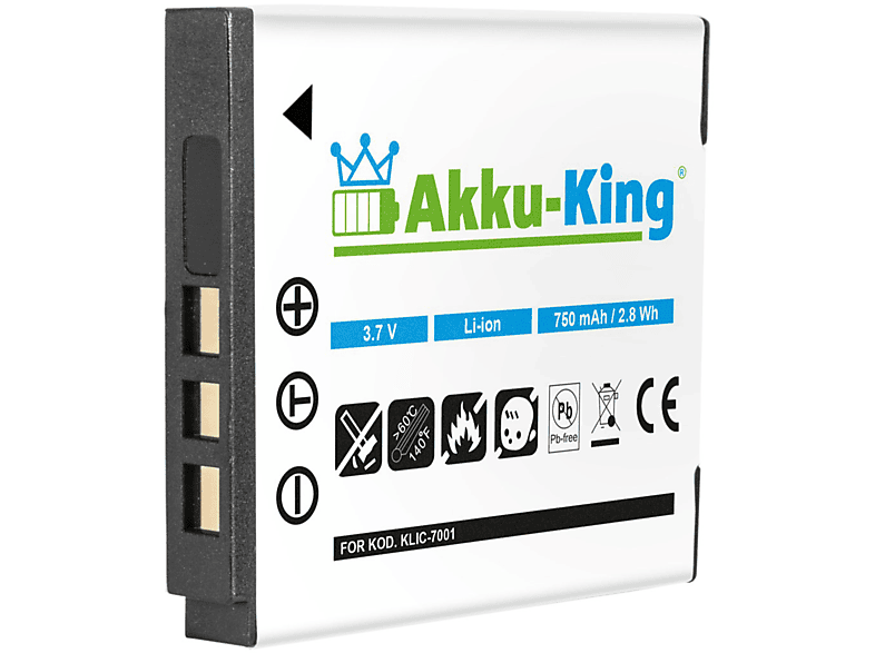 750mAh Li-Ion AKKU-KING Kamera-Akku, Kodak mit Klic-7001 Volt, Akku 3.7 kompatibel