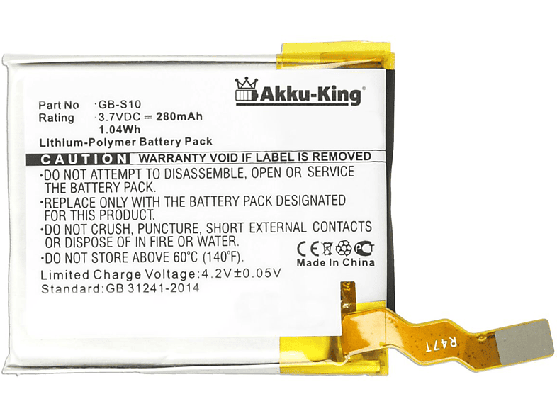 kompatibel Akku Sony Li-Polymer mit Smartwatch-Akku, Volt, 3.7 GB-S10 AKKU-KING 280mAh