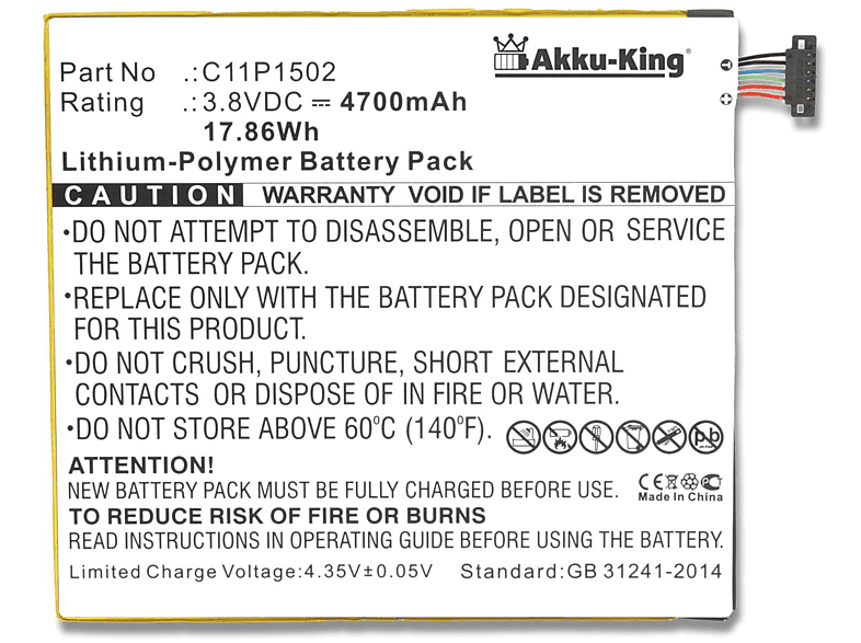 AKKU-KING Akku kompatibel mit Asus C11P1517 Li-Polymer Geräte-Akku, 3.8 Volt, 4700mAh