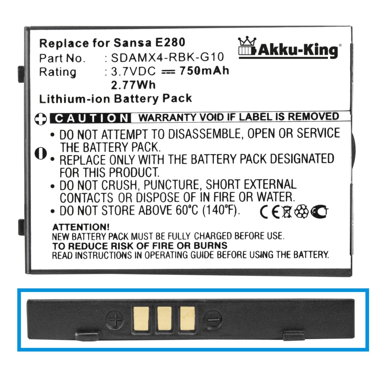 Akku SDAMX4-RBK-G10 AKKU-KING 750mAh 3.7 kompatibel Li-Ion Sandisk Volt, mit Geräte-Akku,