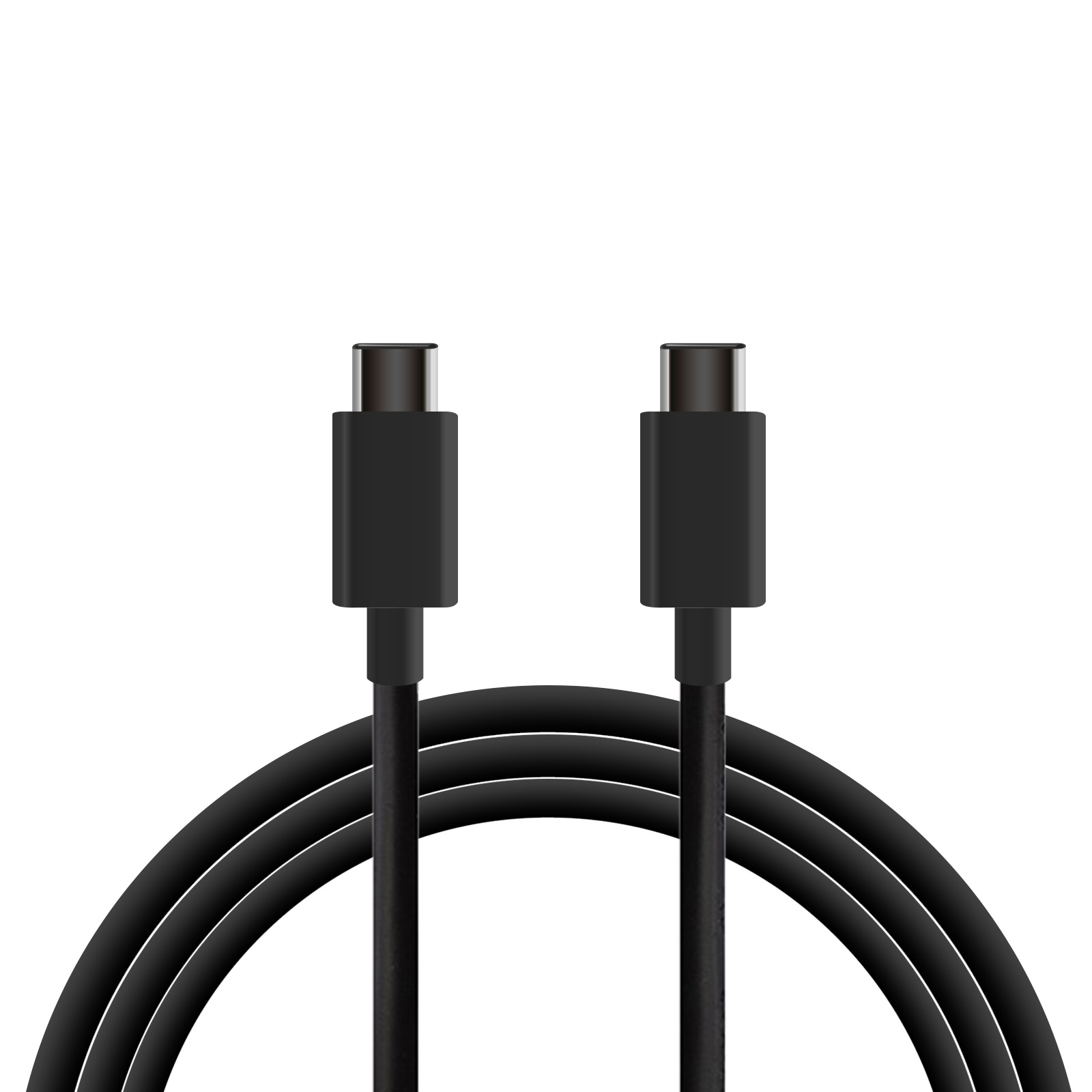 Cavi USB-C neri, due connettori. Sfondo bianco.