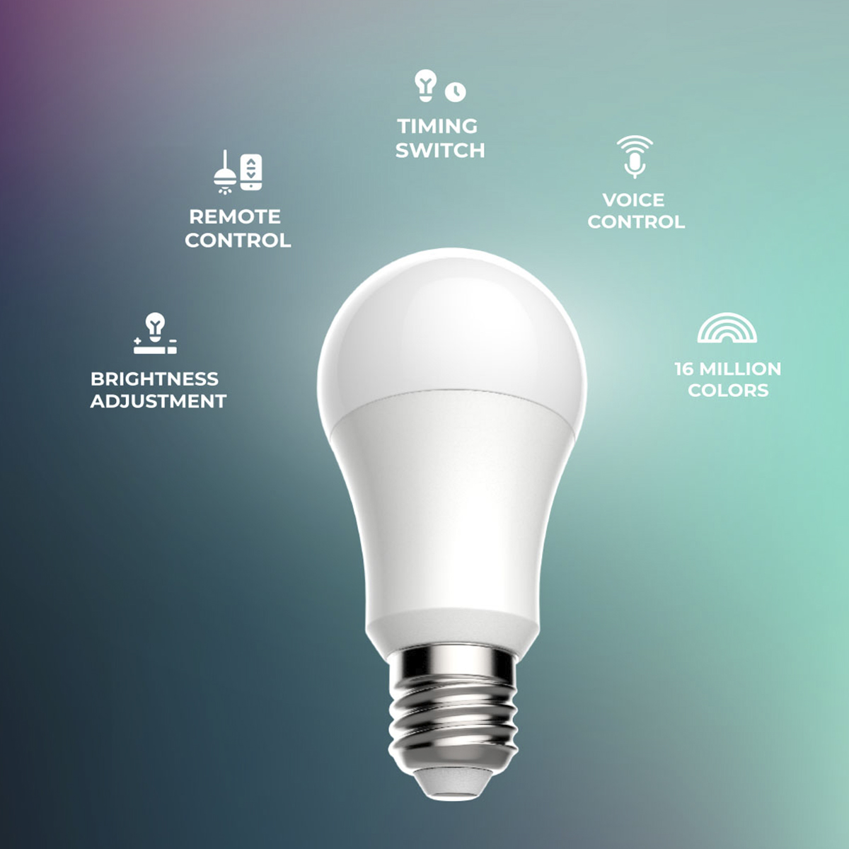 Biała żarówka smart z ikonami wskazującymi funkcje.