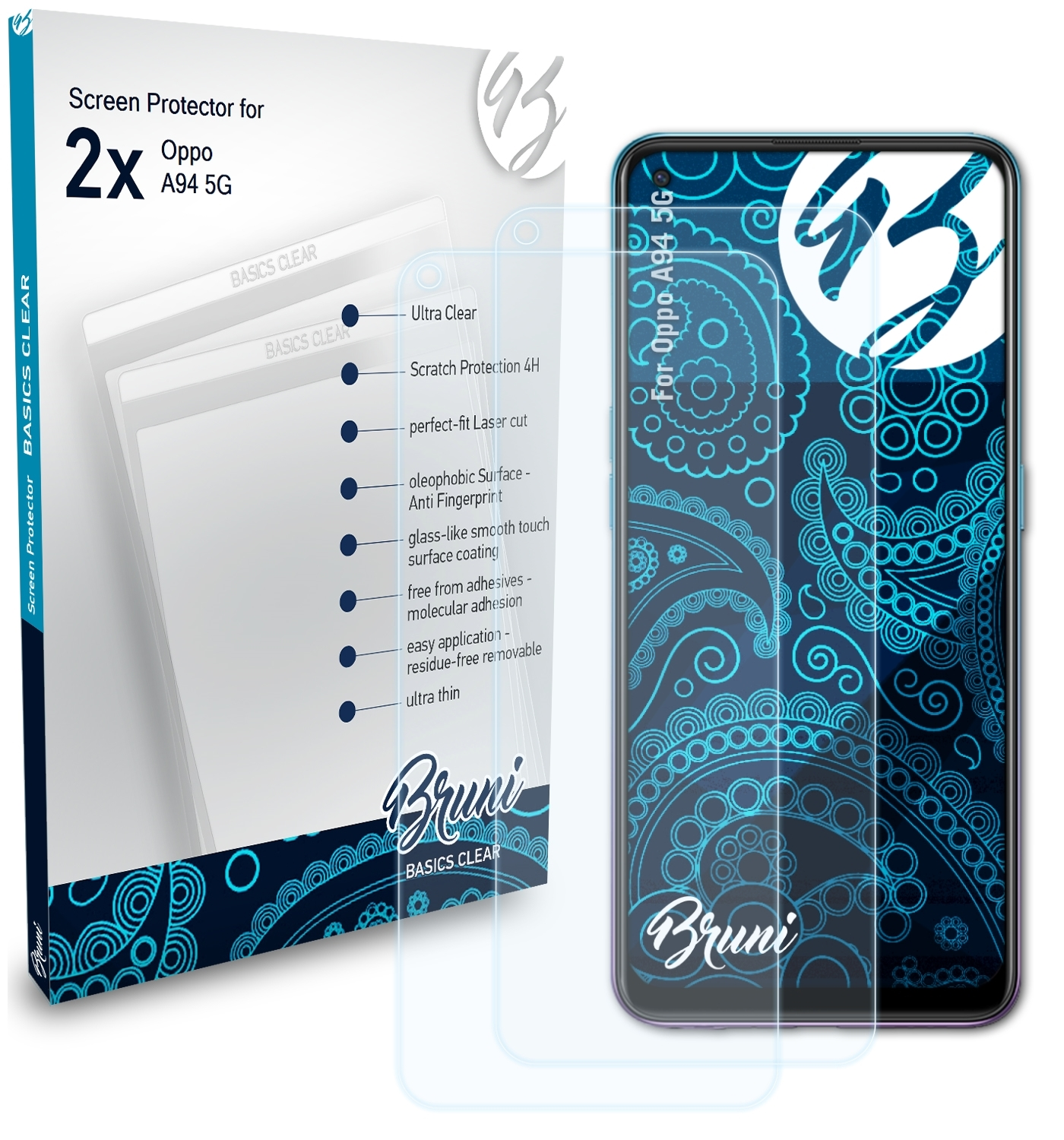 A94 5G) BRUNI 2x Schutzfolie(für Oppo Basics-Clear