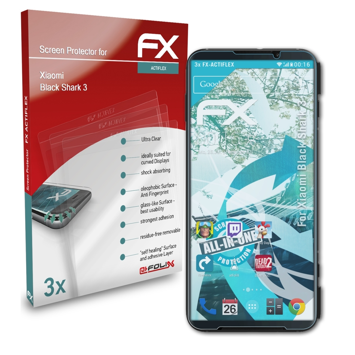 3x Xiaomi 3) Displayschutz(für FX-ActiFleX ATFOLIX Shark Black