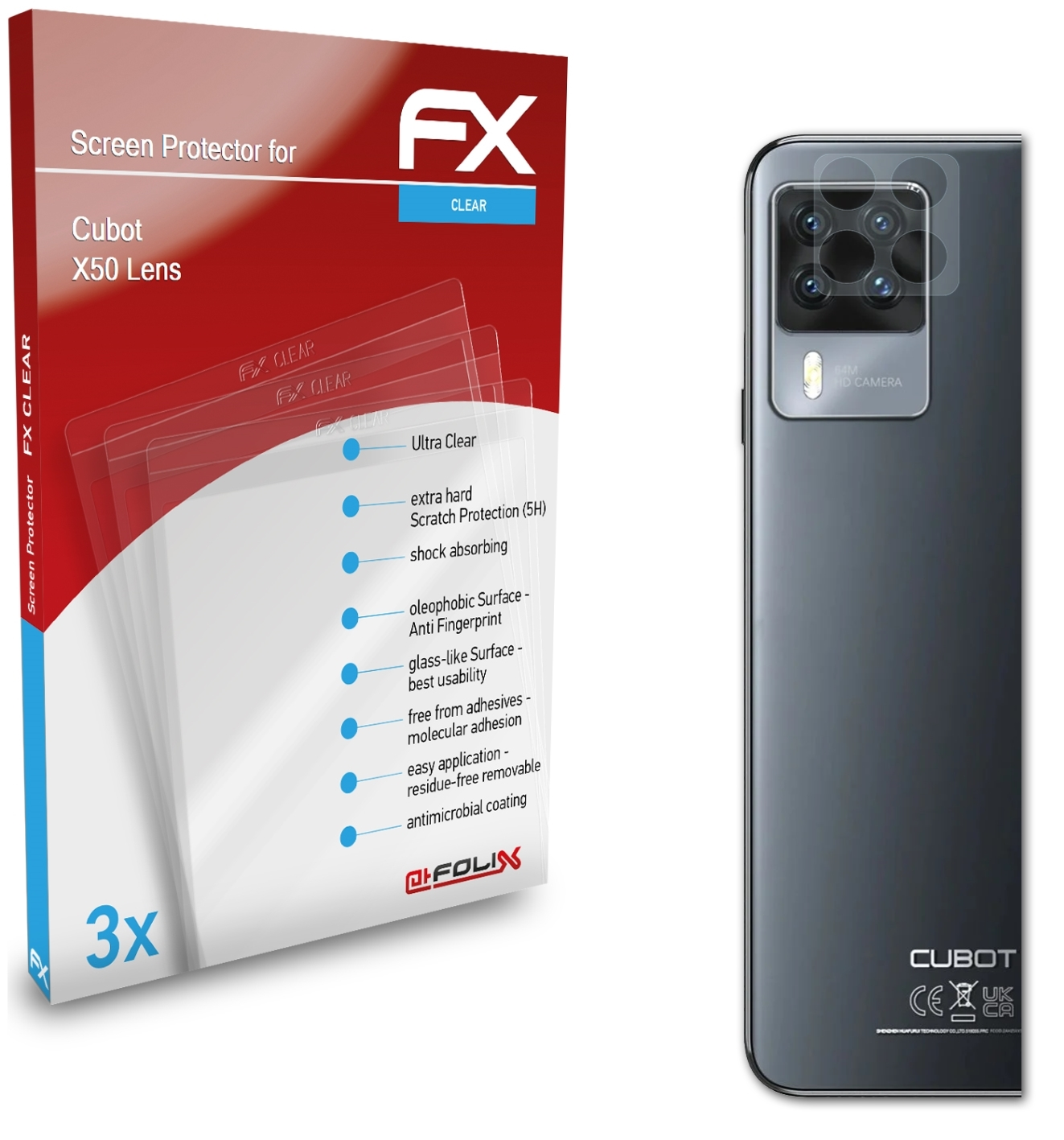 ATFOLIX 3x FX-Clear Displayschutz(für Cubot X50 Lens)