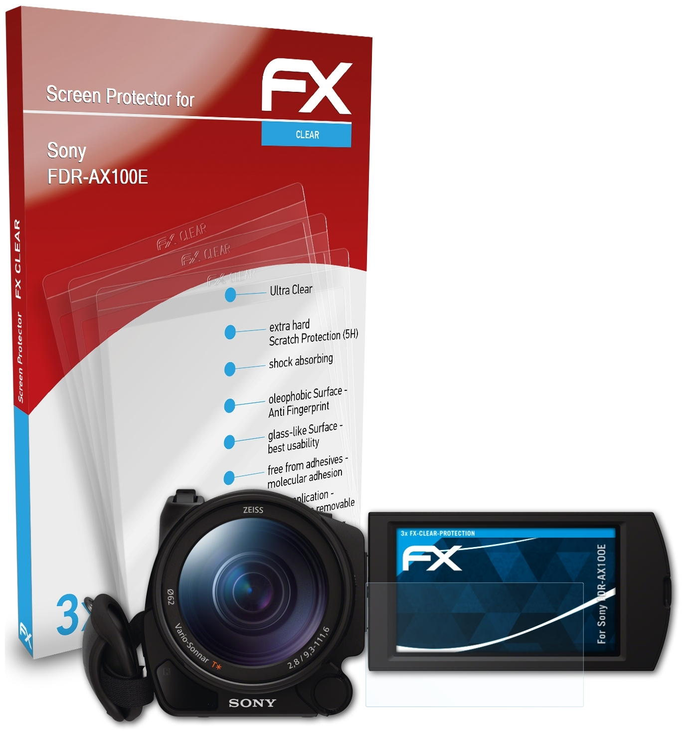FDR-AX100E) Sony FX-Clear ATFOLIX 3x Displayschutz(für