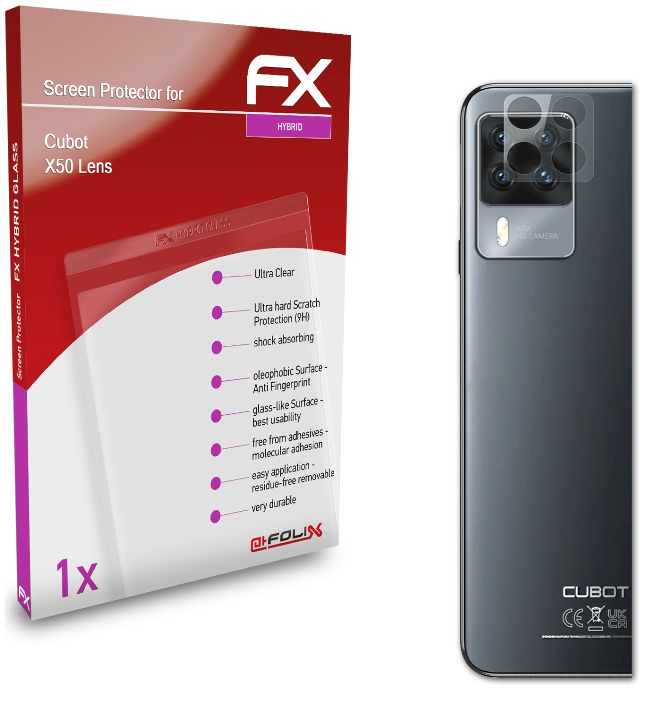 ATFOLIX FX-Hybrid-Glass Schutzglas(für Cubot Lens) X50