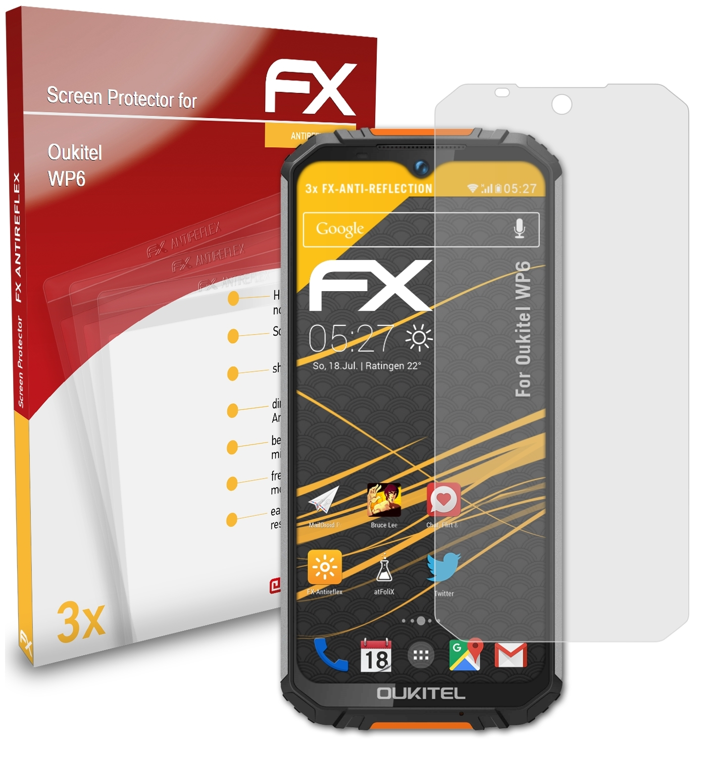 ATFOLIX WP6) 3x Oukitel Displayschutz(für FX-Antireflex