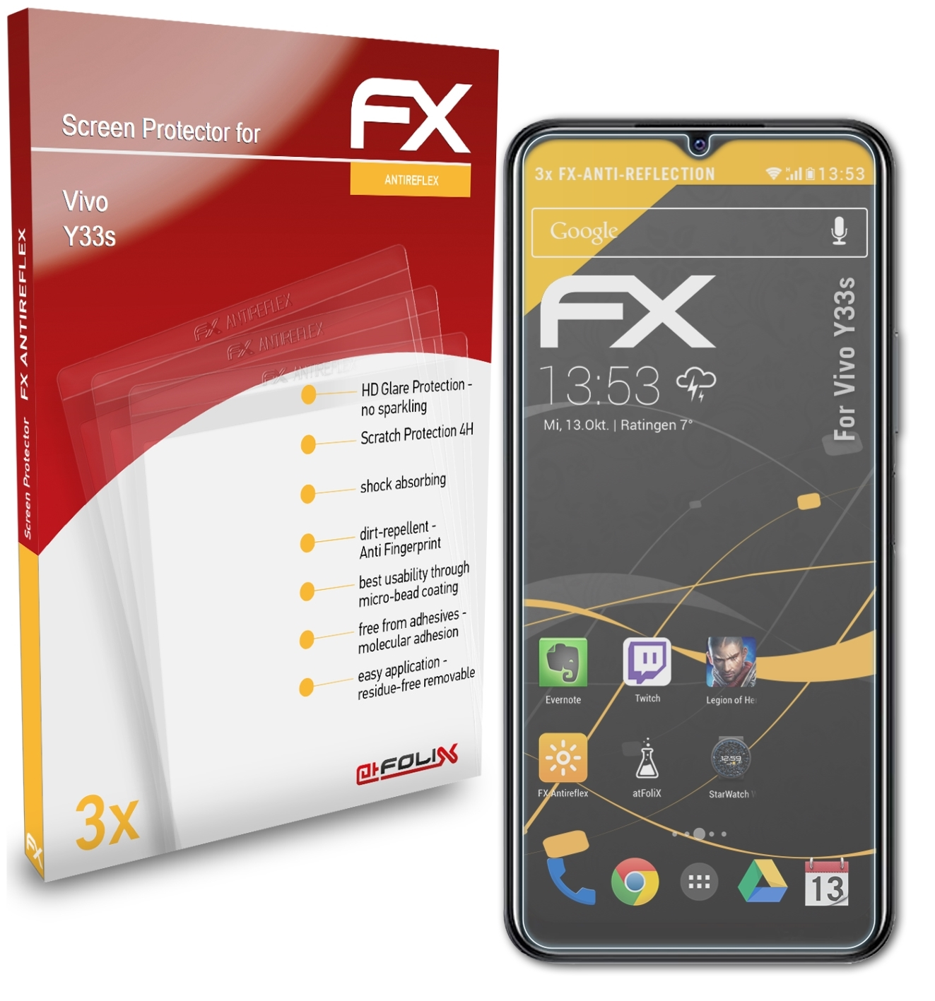 ATFOLIX 3x FX-Antireflex Vivo Y33s) Displayschutz(für