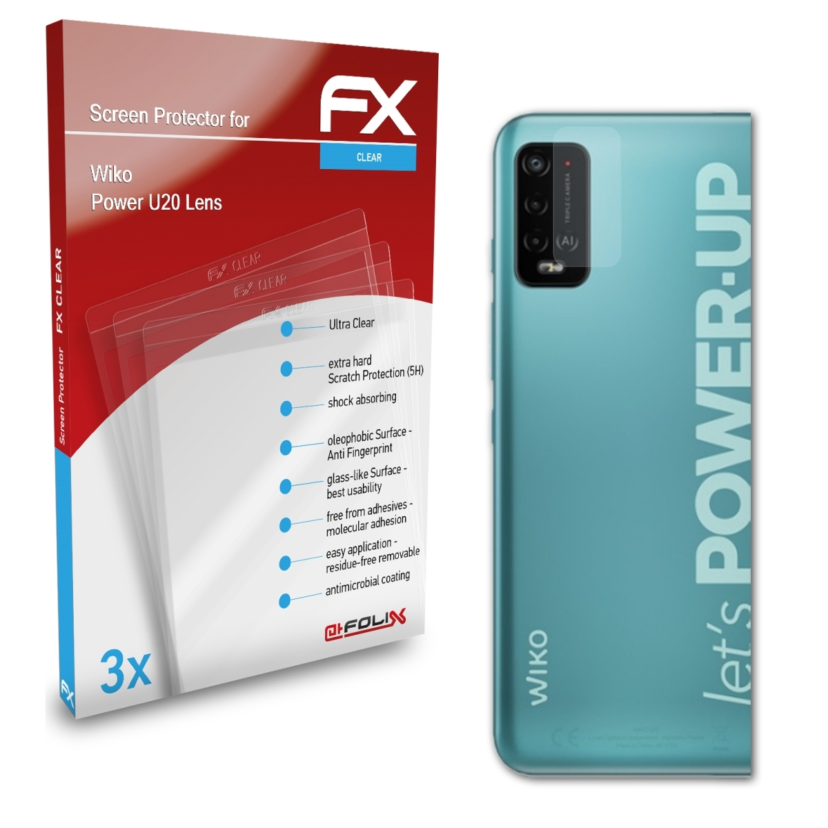 ATFOLIX 3x Wiko FX-Clear U20 Lens) Displayschutz(für Power