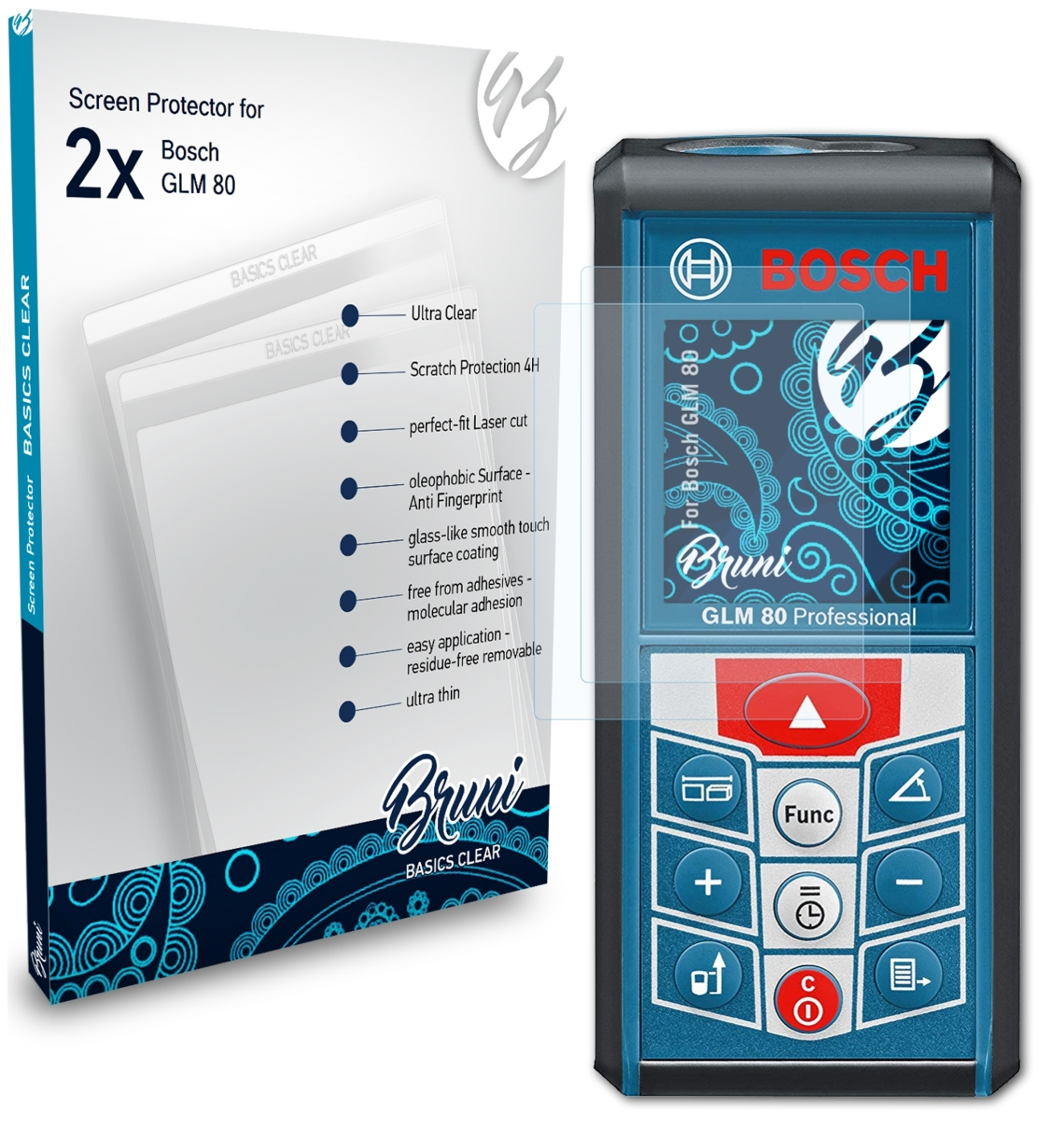 BRUNI 2x Basics-Clear 80) Bosch GLM Schutzfolie(für