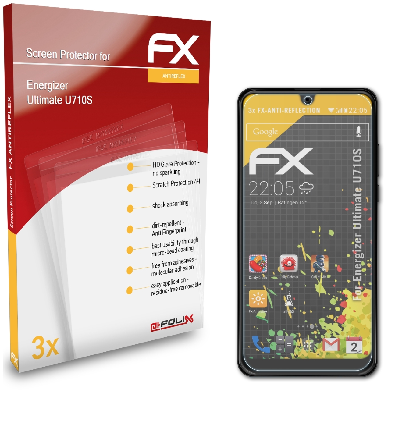 ATFOLIX 3x FX-Antireflex Displayschutz(für Energizer U710S) Ultimate