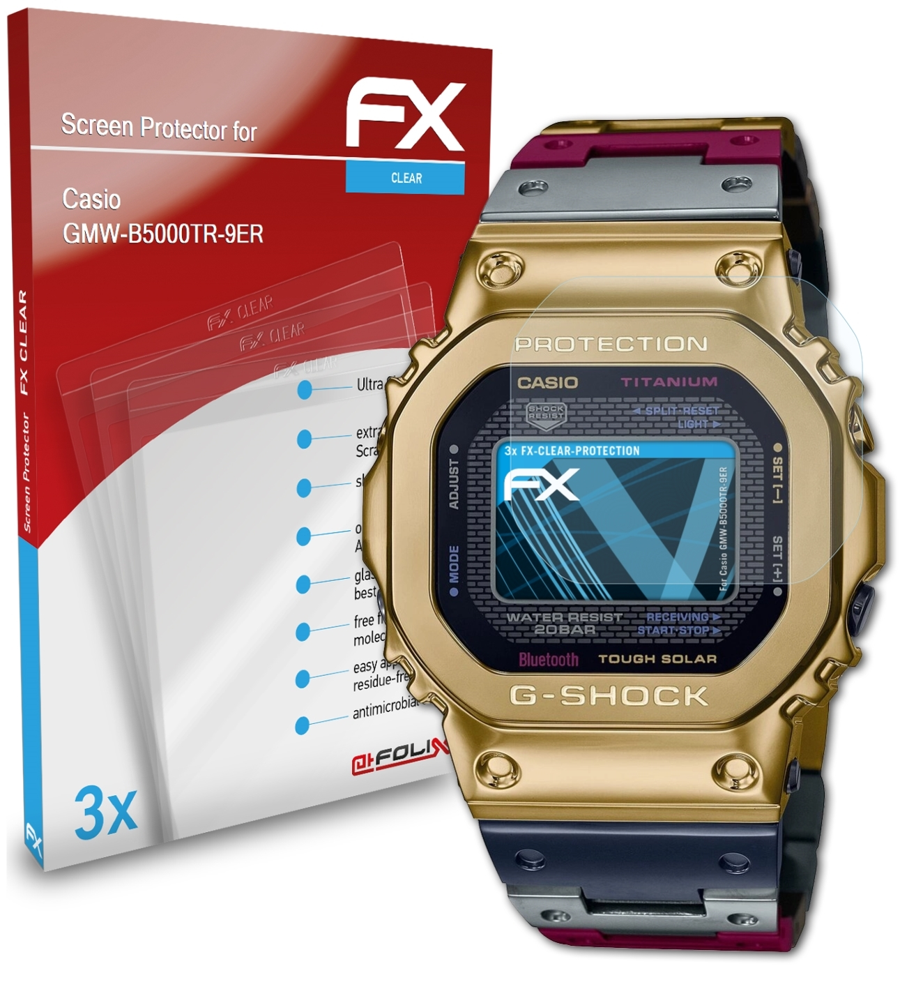 3x Displayschutz(für Casio FX-Clear ATFOLIX GMW-B5000TR-9ER)