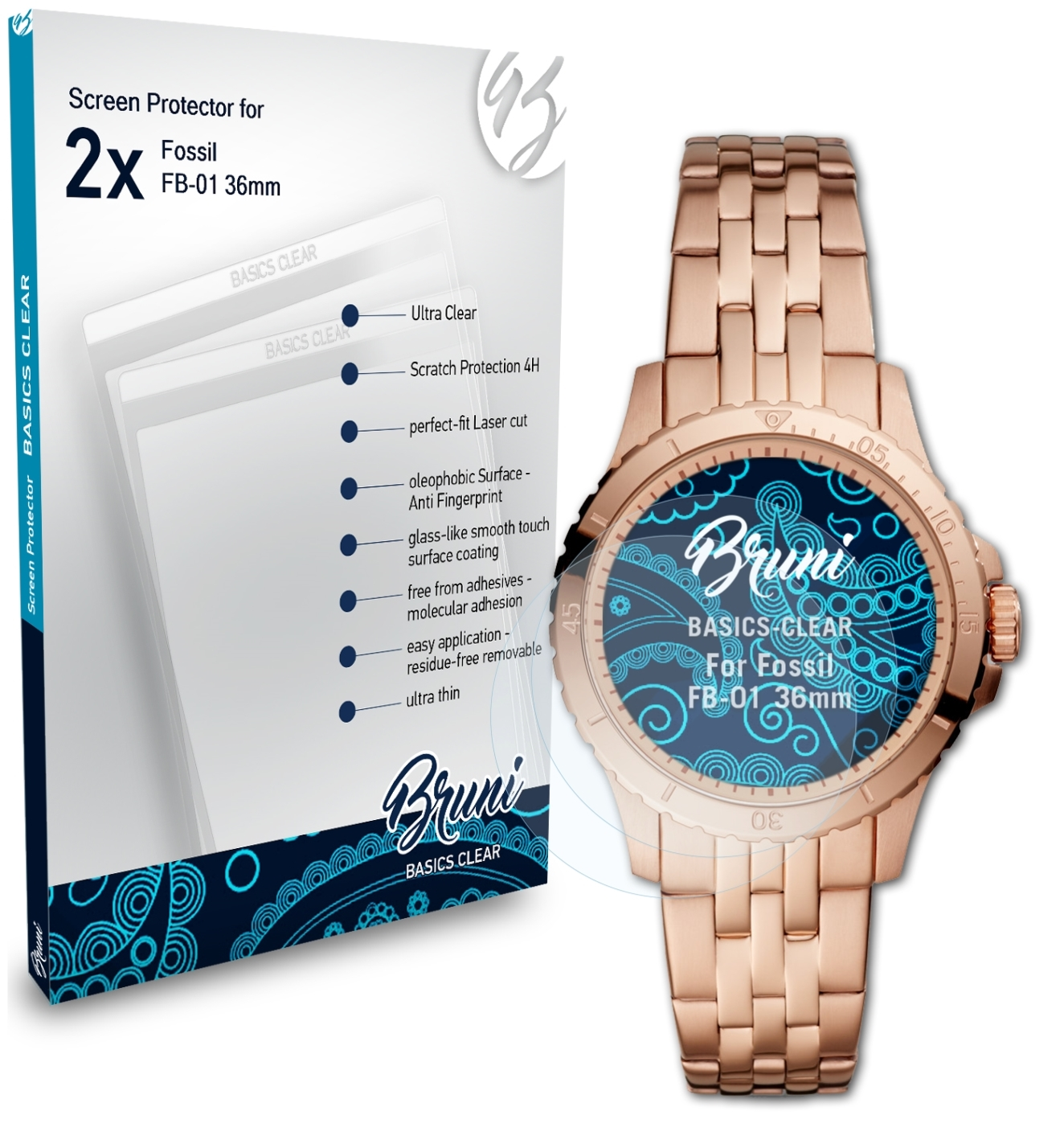 BRUNI 2x Basics-Clear Schutzfolie(für Fossil FB-01 (36mm))