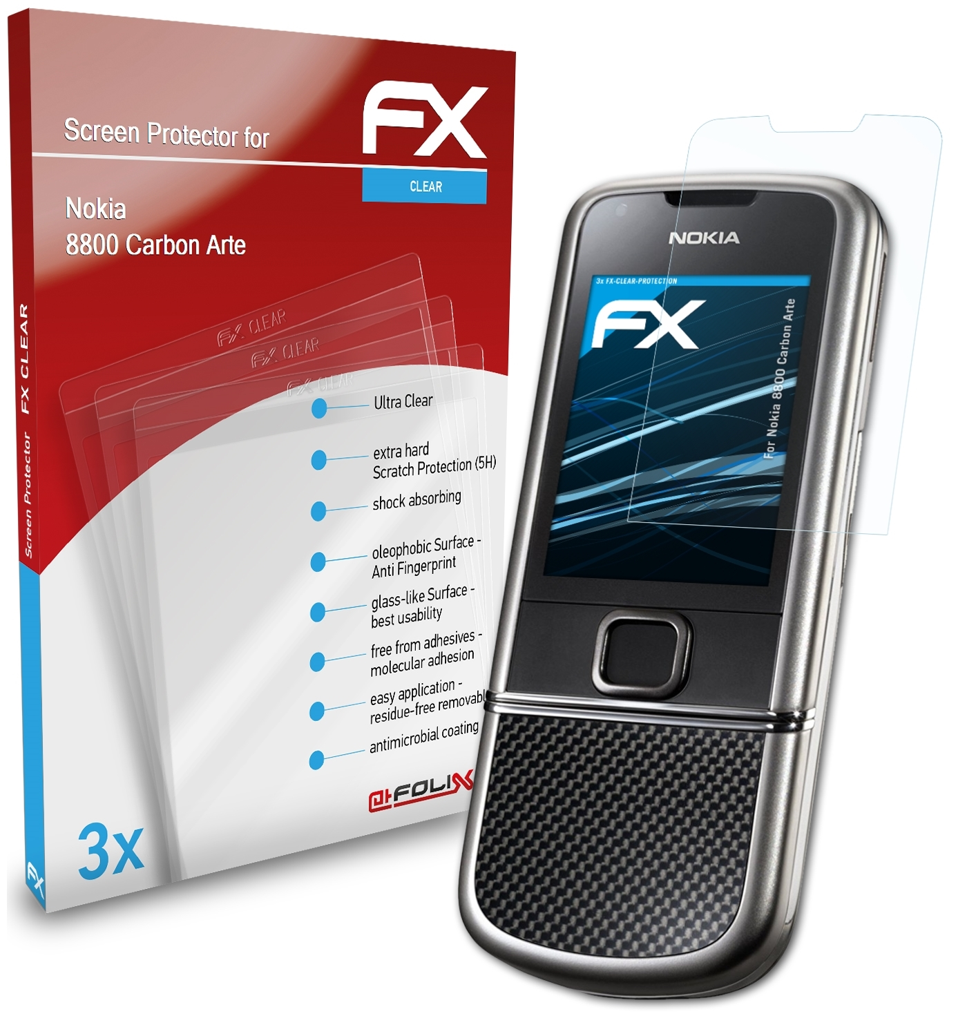 8800 Arte) Carbon 3x Displayschutz(für FX-Clear ATFOLIX Nokia
