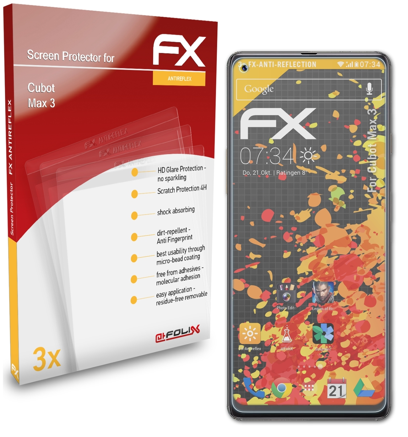 Cubot FX-Antireflex ATFOLIX Max 3x 3) Displayschutz(für