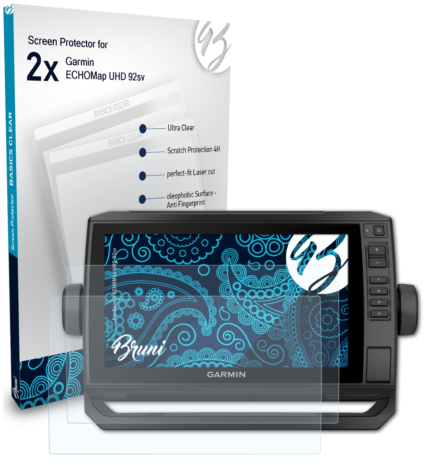 BRUNI 2x Basics-Clear Schutzfolie(für Garmin UHD ECHOMap 92sv)