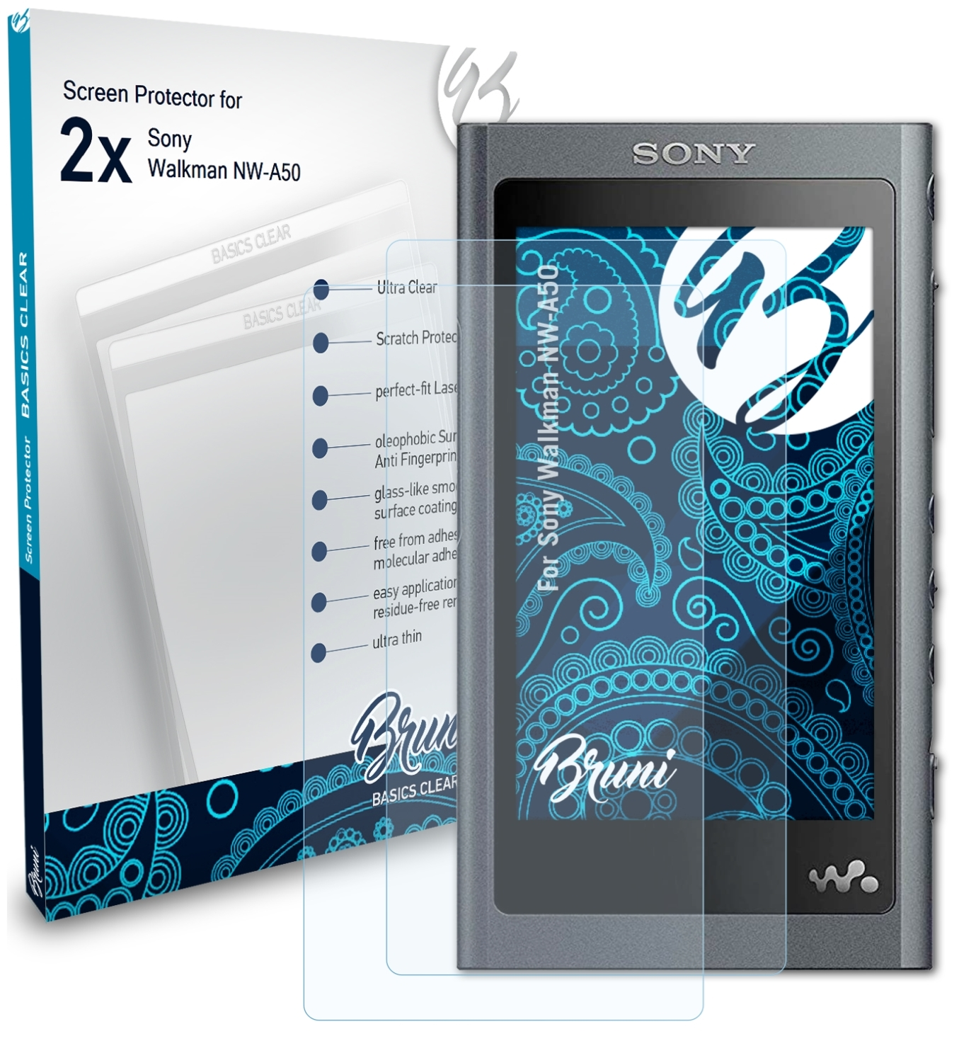 BRUNI 2x Basics-Clear Schutzfolie(für NW-A50) Walkman Sony
