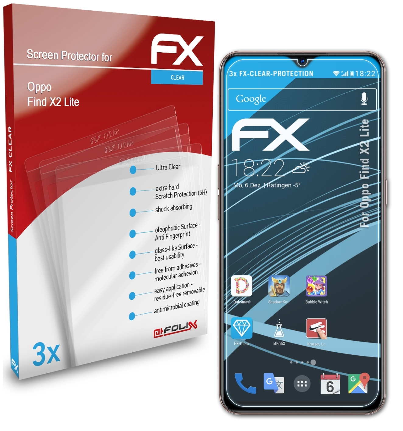 Lite) Displayschutz(für X2 Oppo FX-Clear Find ATFOLIX 3x