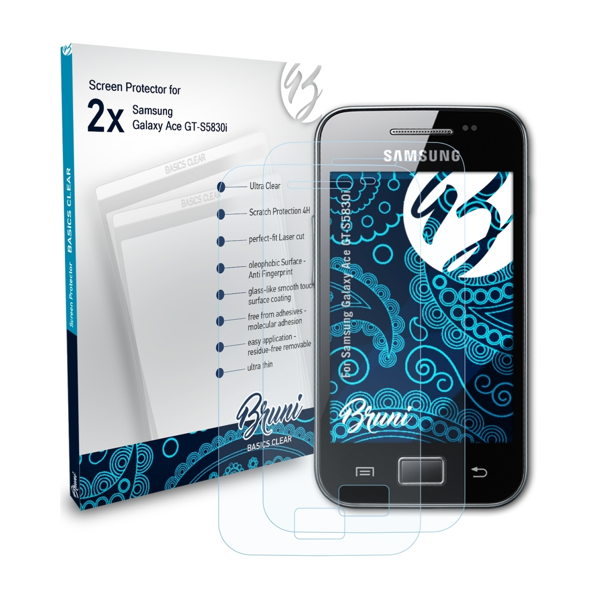 2x Basics-Clear (GT-S5830i)) Ace BRUNI Schutzfolie(für Samsung Galaxy