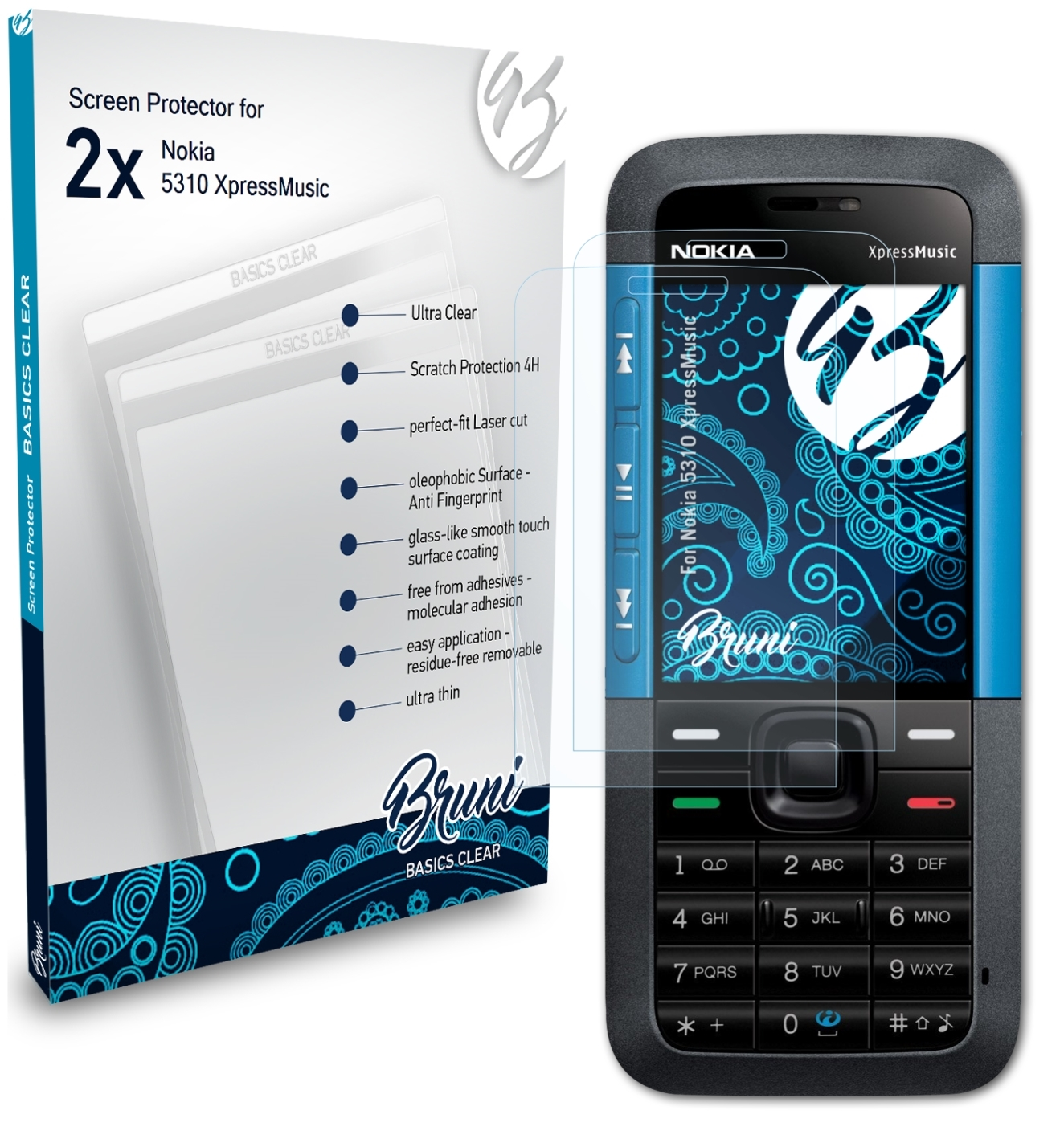 BRUNI 2x Basics-Clear 5310 Schutzfolie(für Nokia XpressMusic)