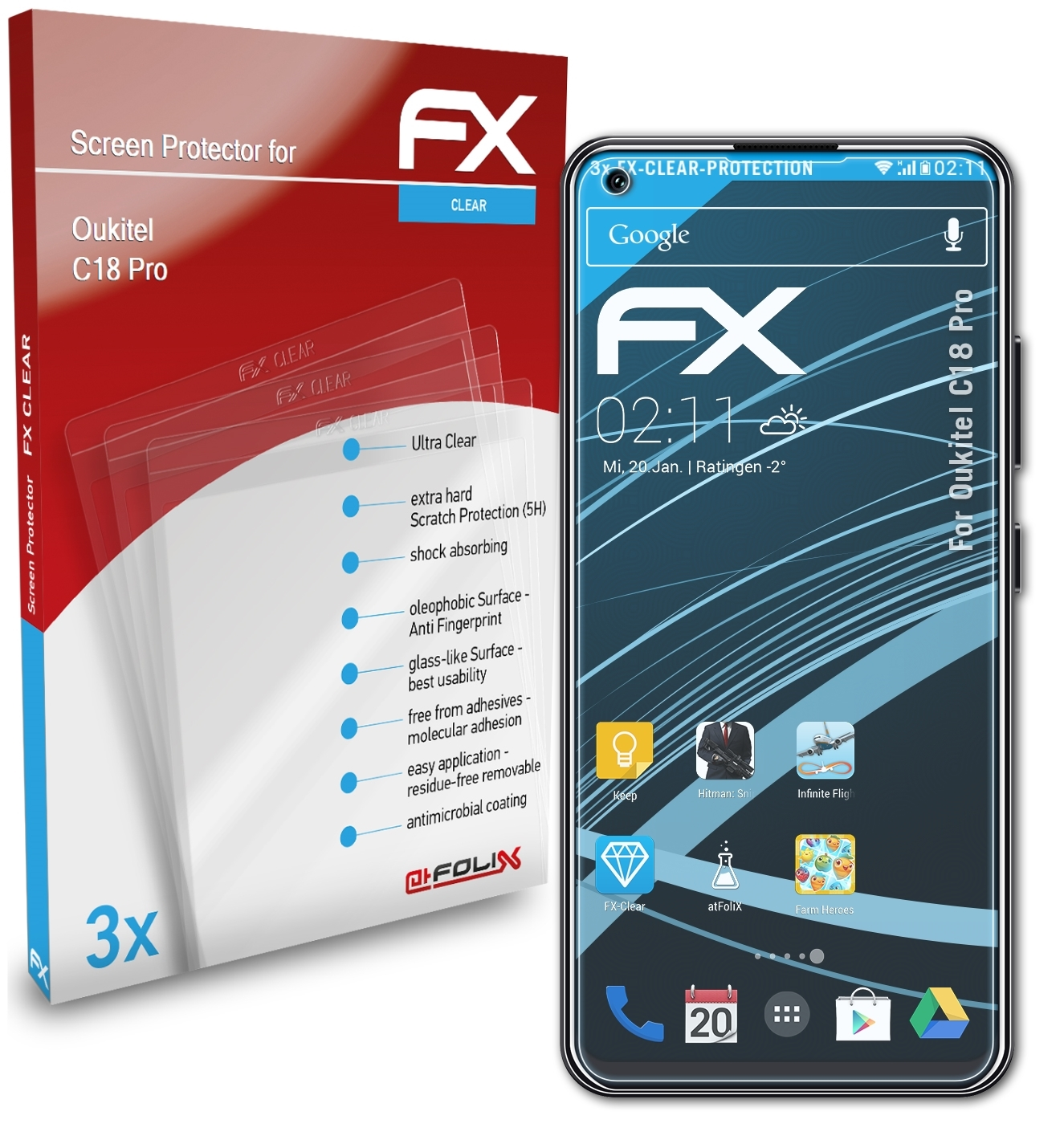 ATFOLIX FX-Clear C18 Oukitel Displayschutz(für Pro) 3x