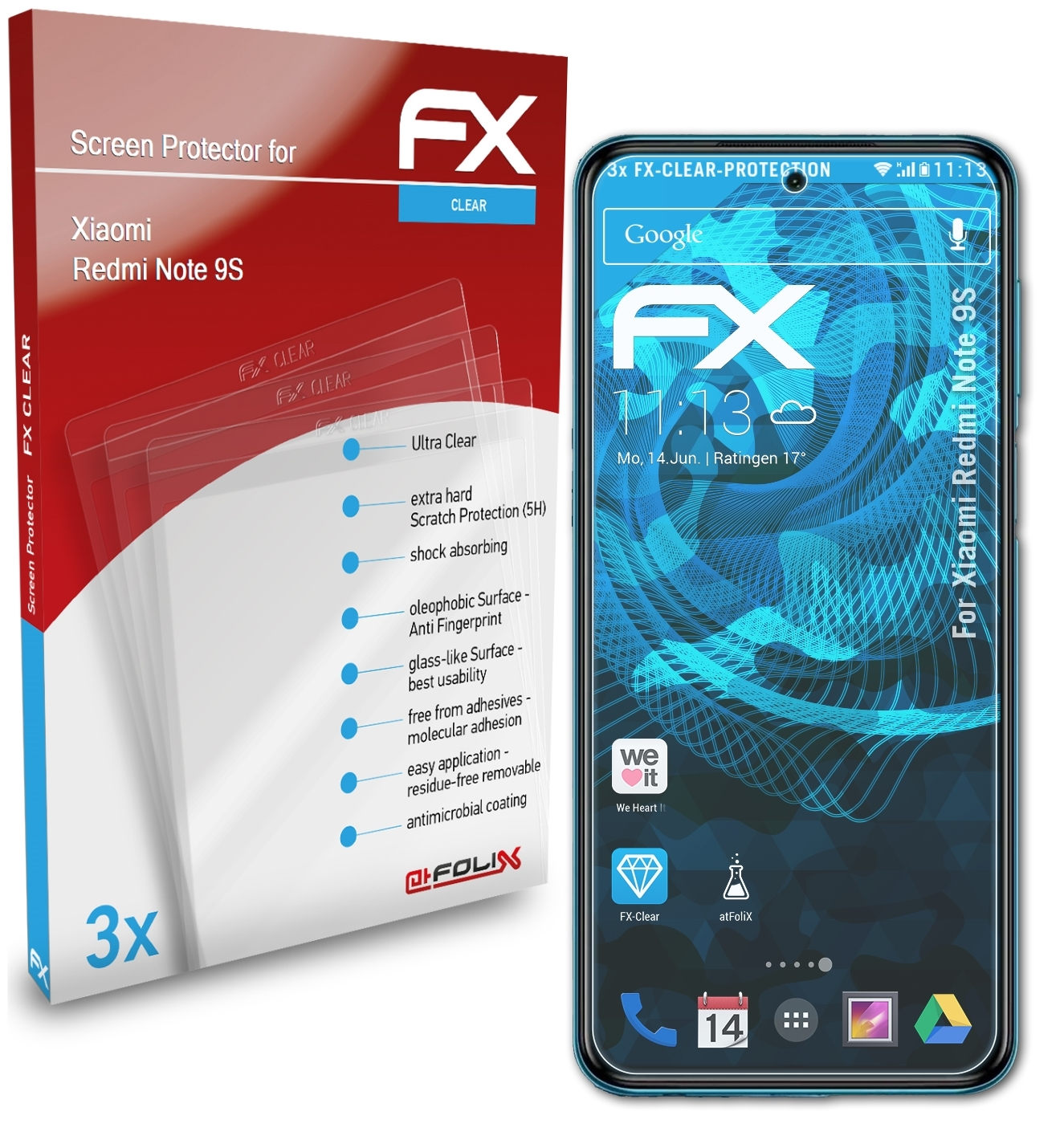 9S) ATFOLIX 3x Redmi FX-Clear Xiaomi Note Displayschutz(für