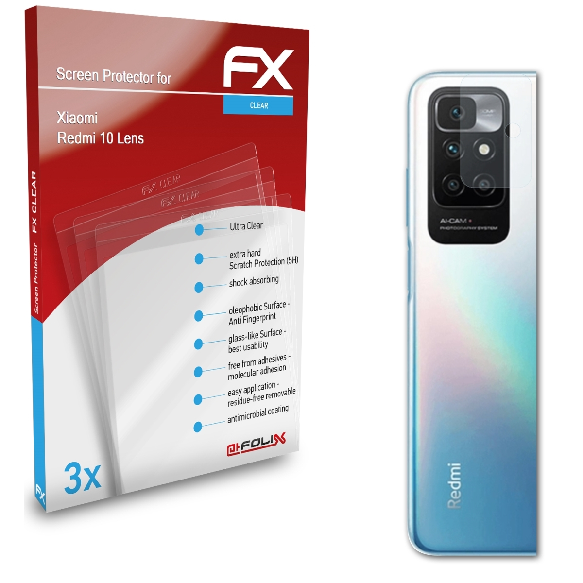3x Displayschutz(für Lens) 10 ATFOLIX Xiaomi FX-Clear Redmi