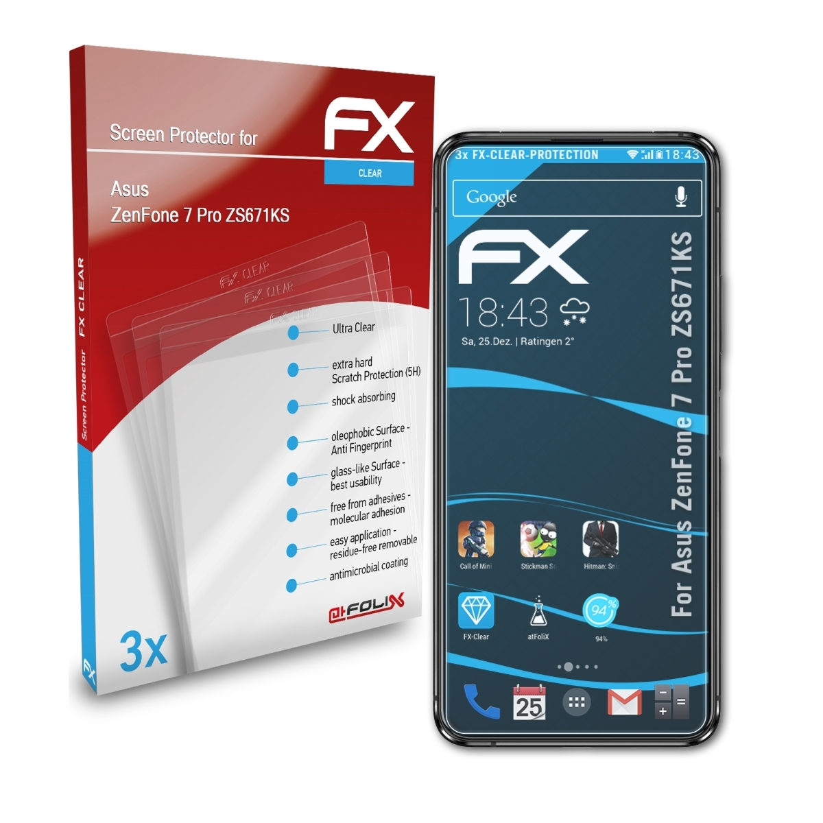 (ZS671KS)) Pro ZenFone ATFOLIX 7 3x FX-Clear Displayschutz(für Asus