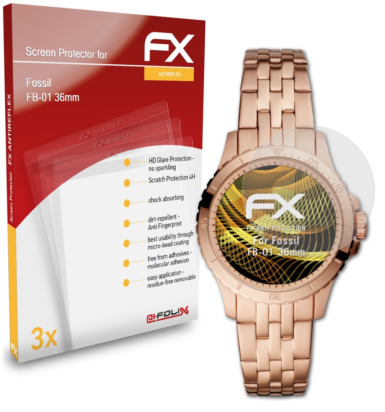 (36mm)) FB-01 Fossil 3x FX-Antireflex Displayschutz(für ATFOLIX