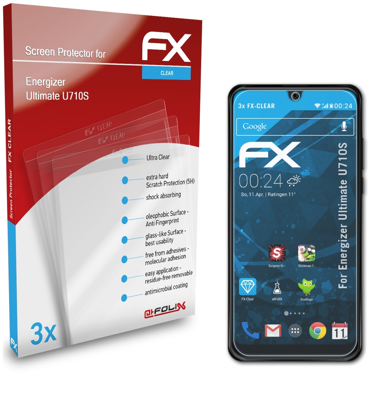 3x Ultimate FX-Clear U710S) Displayschutz(für Energizer ATFOLIX