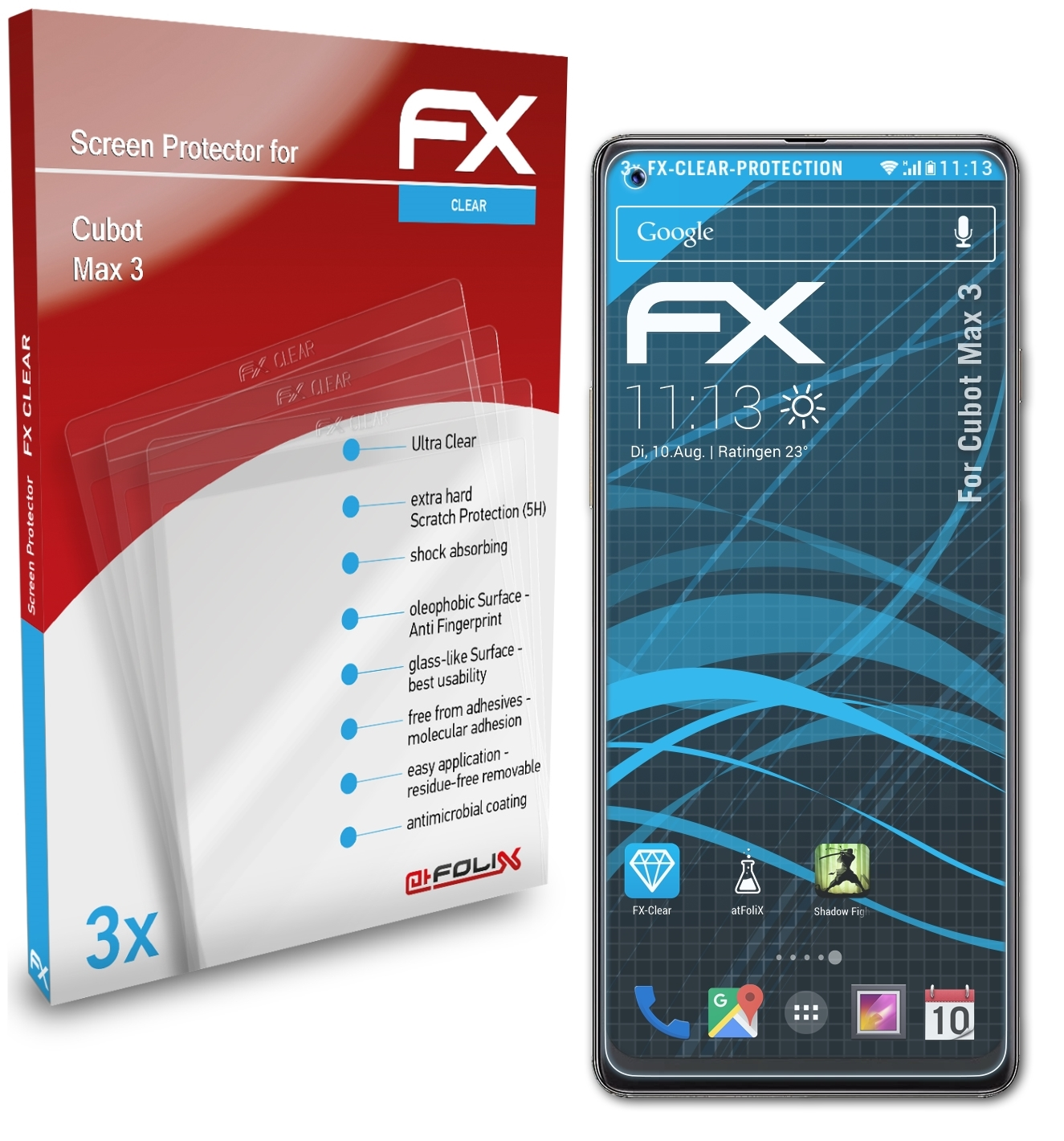 ATFOLIX 3x Displayschutz(für 3) Cubot Max FX-Clear