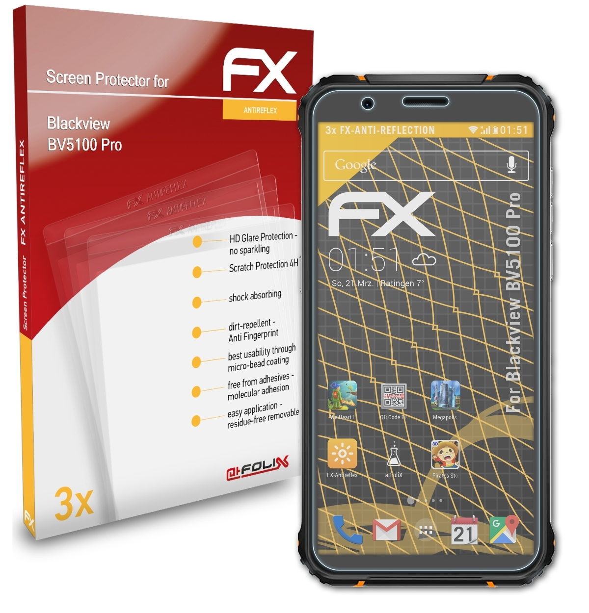 ATFOLIX 3x FX-Antireflex Displayschutz(für Pro) BV5100 Blackview