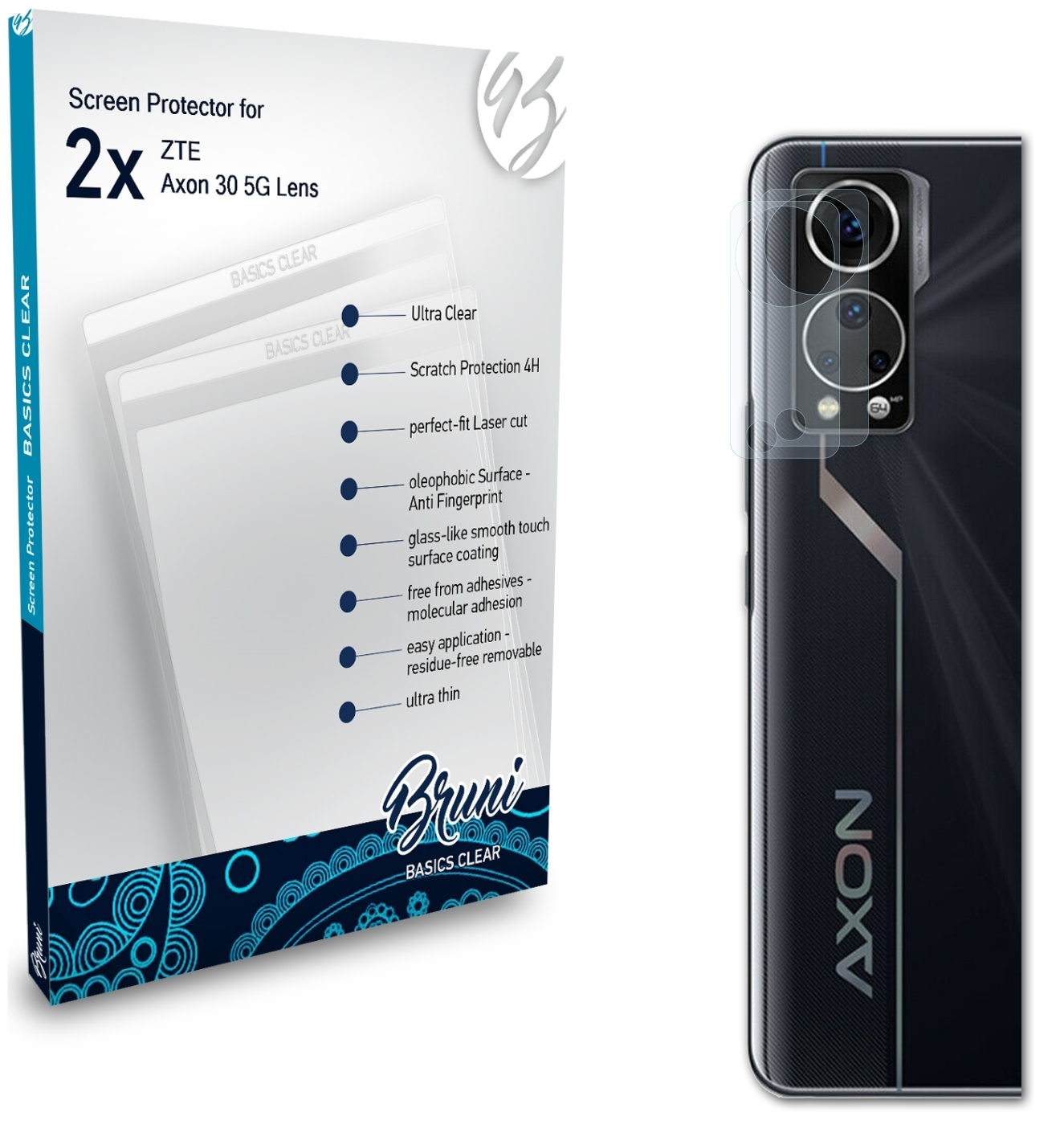 BRUNI 2x Basics-Clear 30 5G Lens) Schutzfolie(für ZTE Axon