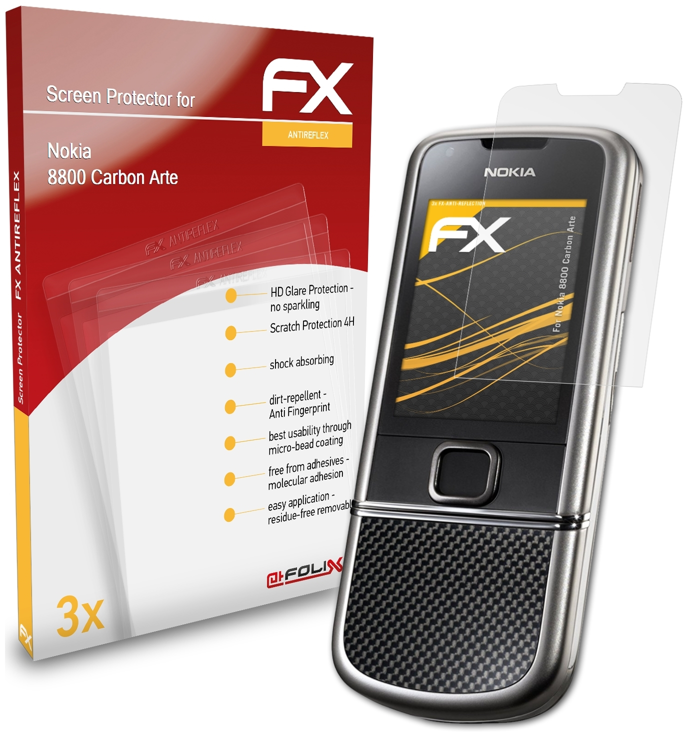 ATFOLIX Carbon Arte) FX-Antireflex Nokia 8800 Displayschutz(für 3x