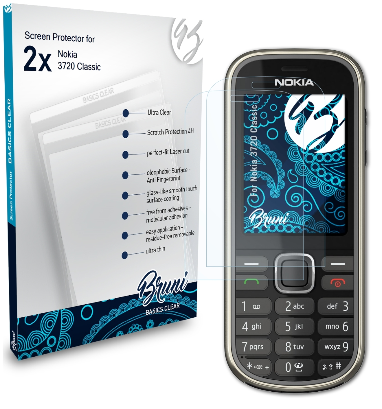 2x Classic) Nokia 3720 BRUNI Basics-Clear Schutzfolie(für