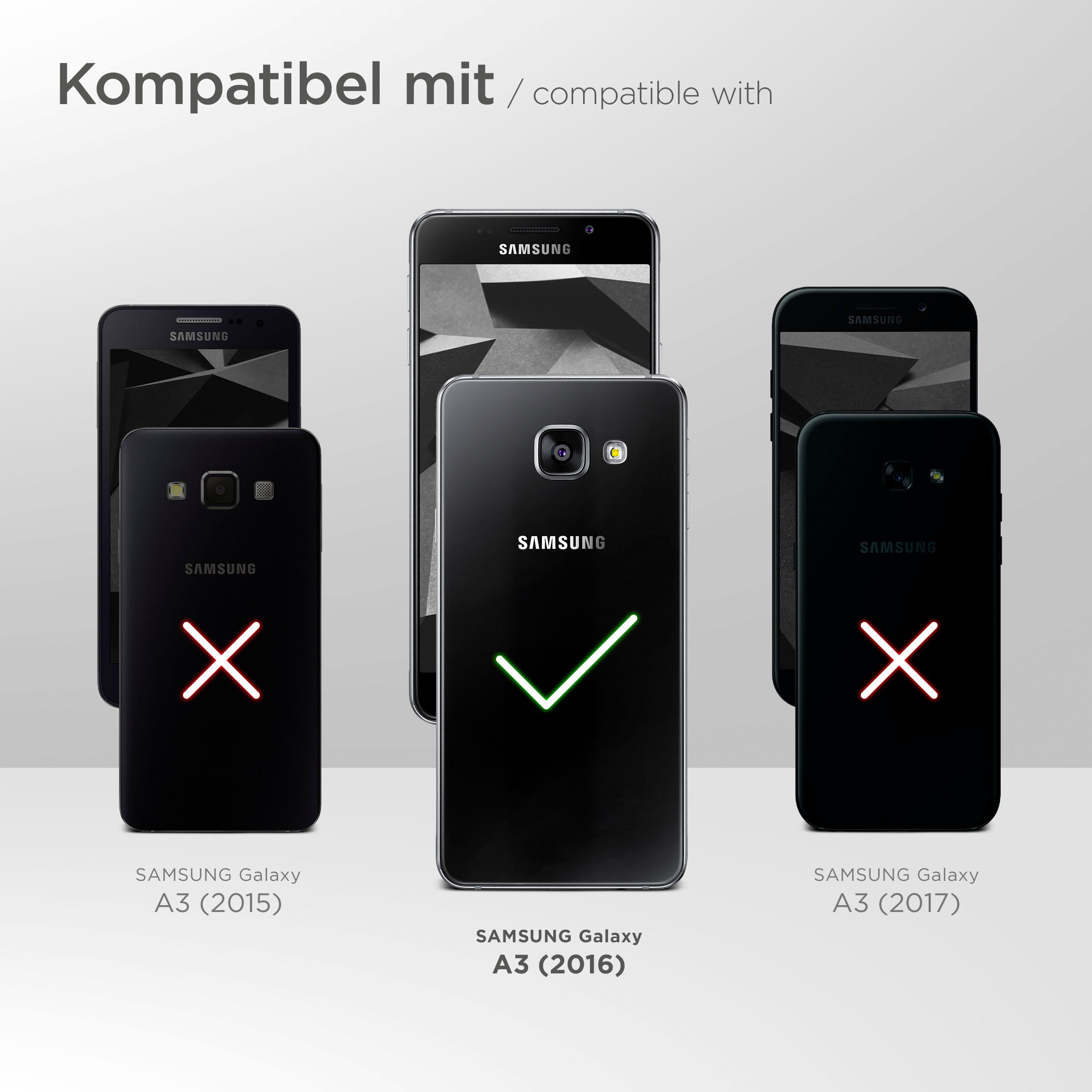 Smartphones mit schwarzen Bildschirmen. Eines mit grünem Häkchen, andere mit roten X-Markierungen. Hintergrund hellgrau.