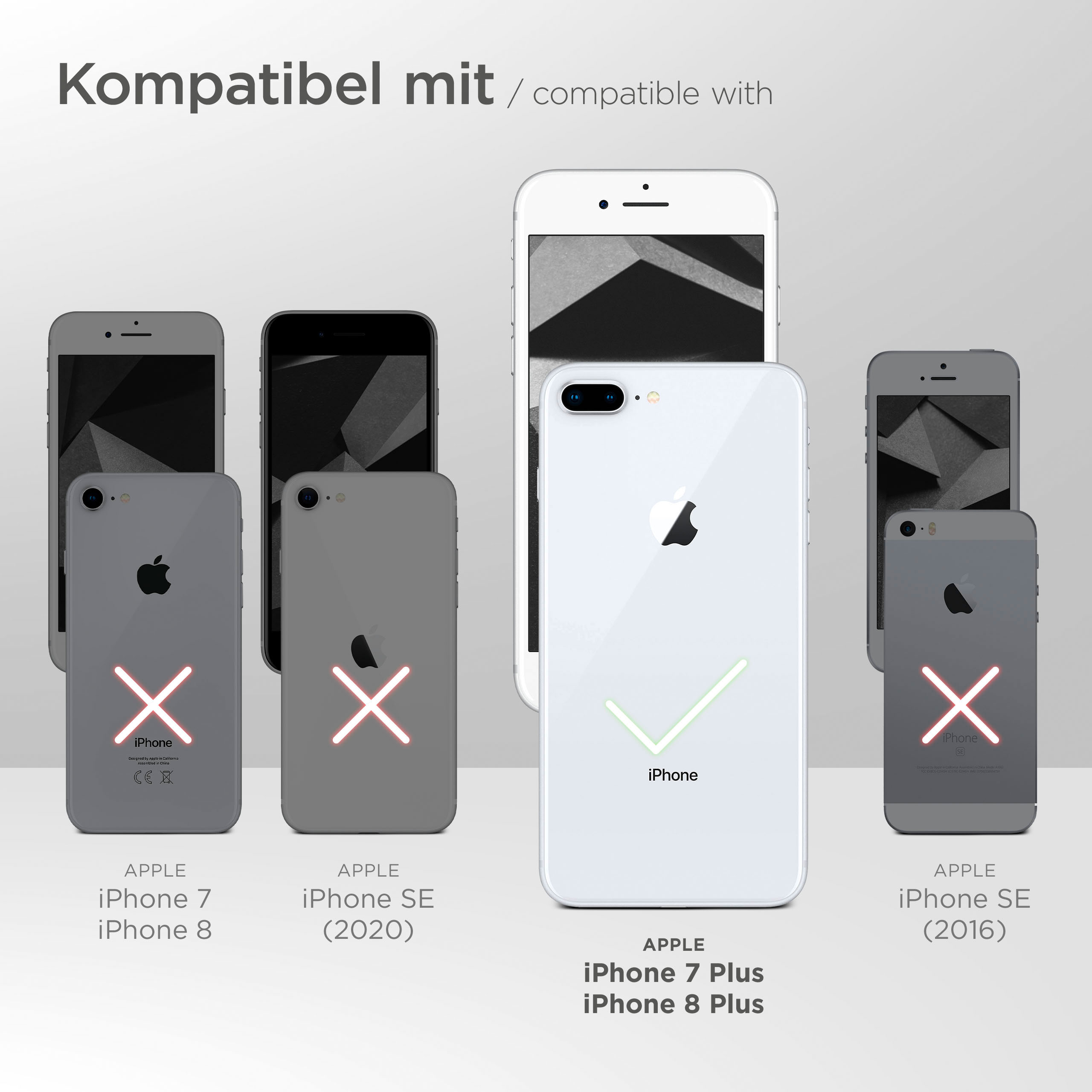 Bild zeigt Kompatibilität von iPhone-Modellen. iPhone 7 Plus ist mit einem Häkchen markiert.